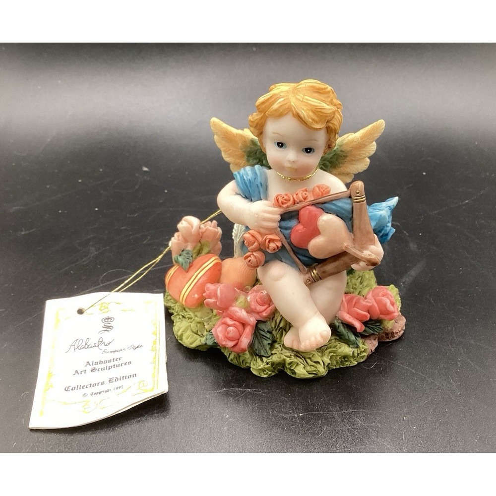 Vtg 1995‎ Alabaster Art Sculptures-Cherub/Angel w/ Hearts & Flowers-3.5" T Decor